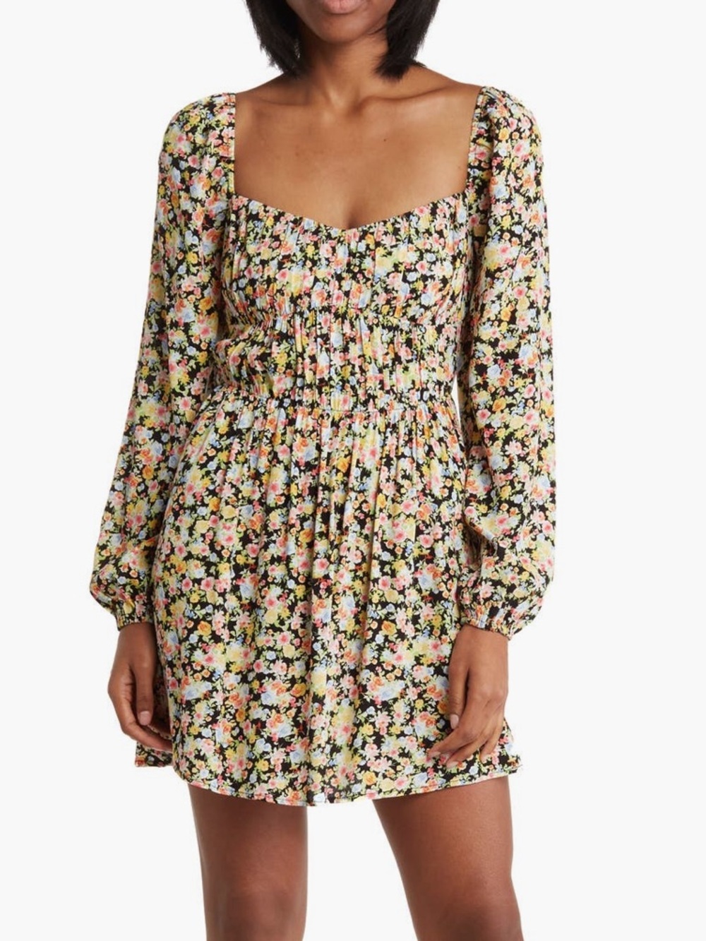 Elodie Black Floral Smocked Square-Neck Mini Dress
